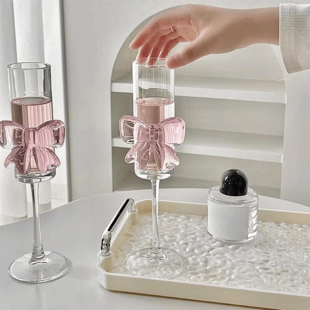 2 Stück 3D Schleife Champagnergläser Ultra Dünnes Kelchglas Kreatives Rosa Schleife Champagnerglas Geschenk