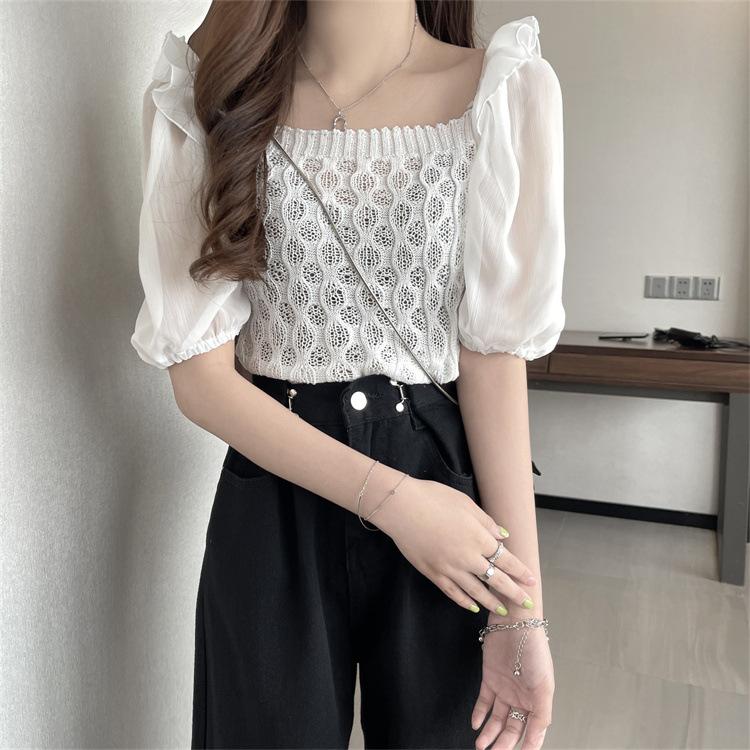 Moda Bükümlü Kare Yaka Kısa Kollu Örme Gömlek Kadın Yaz Tasarım Anlayışı Niş Kısa Kesim Şık Üstler Günlük Temel Slim Fit Kazaklar Tişörtler