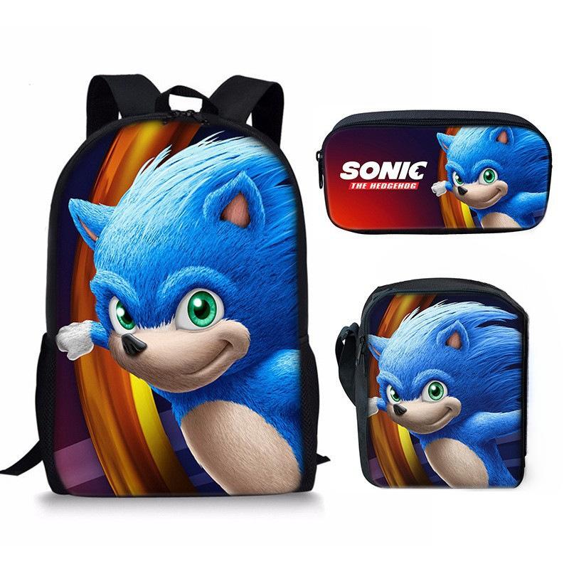 Sonic Sonic Primary School Bag Three-Piece Set, Animation Cartoon Backpack, Shoulder Bag Pencil Case