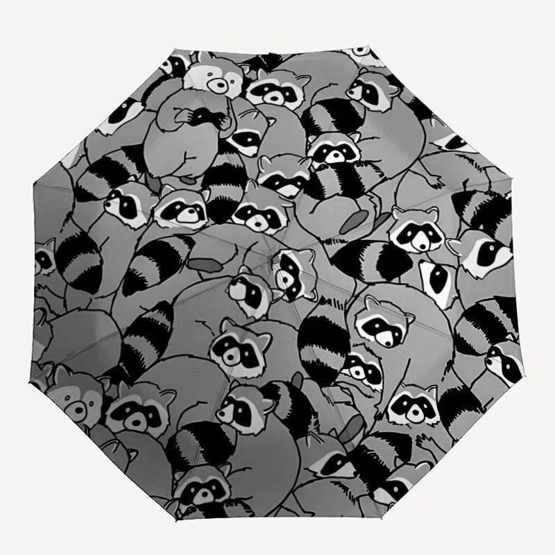 

1pc Raccoon Pattern Fashionable Auto Opening/Closing Folding Umbrella with 8 Bones, Windproof Portable, Daily Use060