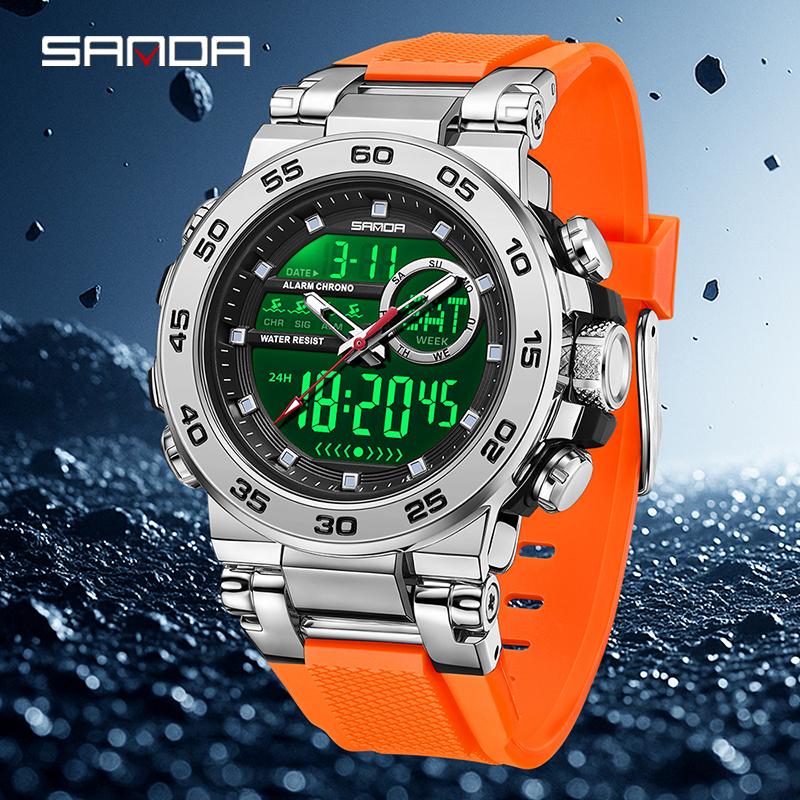 SANDA 6296 Three Pin Men's Electronic Watch Fashionable Men's Electronic Watch Sports Multifunctional Waterproof Large Dial