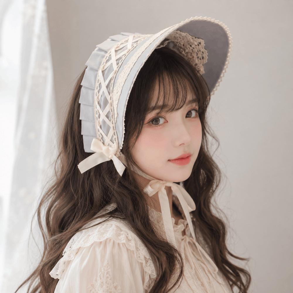 Bow Lolita Bonnet Cap Pastorale Style Lace Hat Victorian Headpiece Halloween Costume