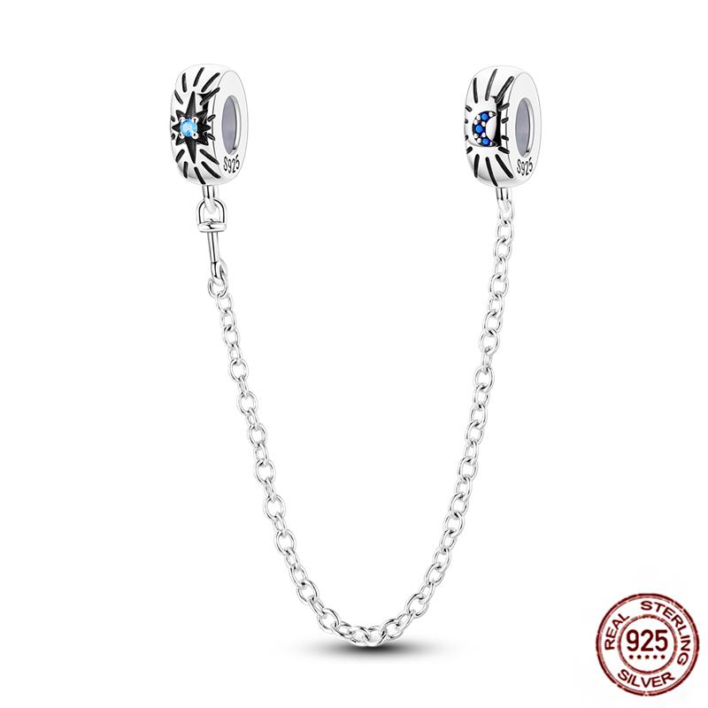 Star Moon Slide Safety Chains Charms 925 Sterling copper Heart Evil eyes Silicone Spacer Beads Fit Original Bracelet DIY Zircon