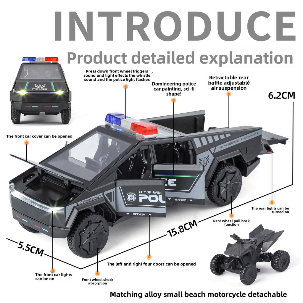 1:32 Cybertruck Police Car Pickup Alloy Car Model Diecast Toy Vehicle Sound Light Simitation For Children Christmas Gift Toys