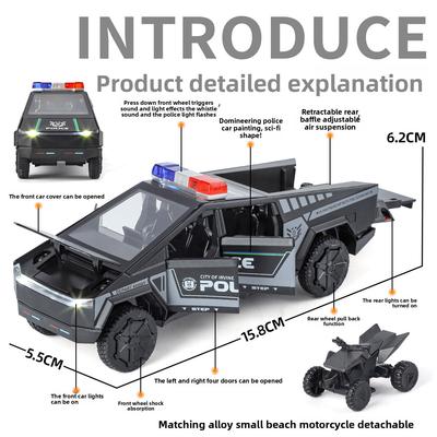 1:32 Cybertruck Police Car Pickup Alloy Car Model Diecast Toy Vehicle Sound Light Simitation For Children Christmas Gift Toys