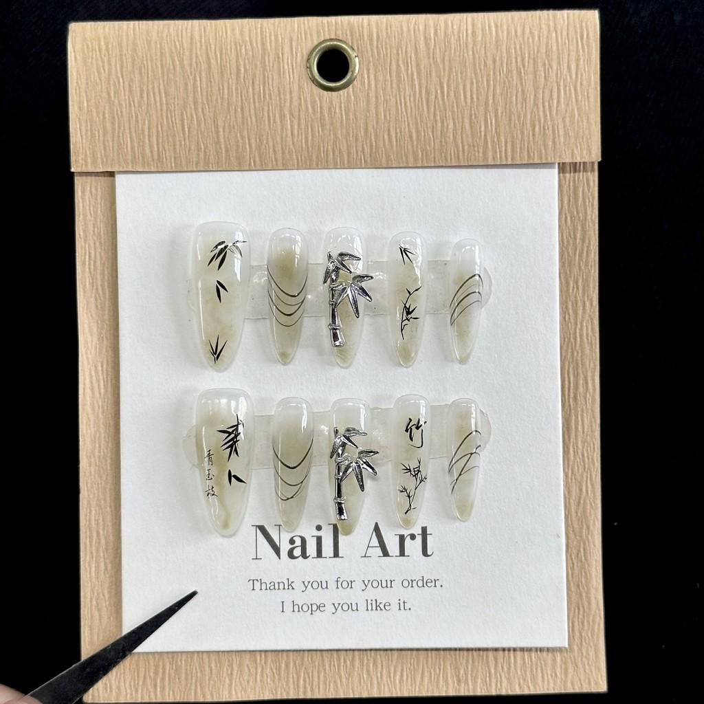 

Handmade Wear Pure Nail Retro Handpainted Ancient Ink Bamboo Removable Nail XS