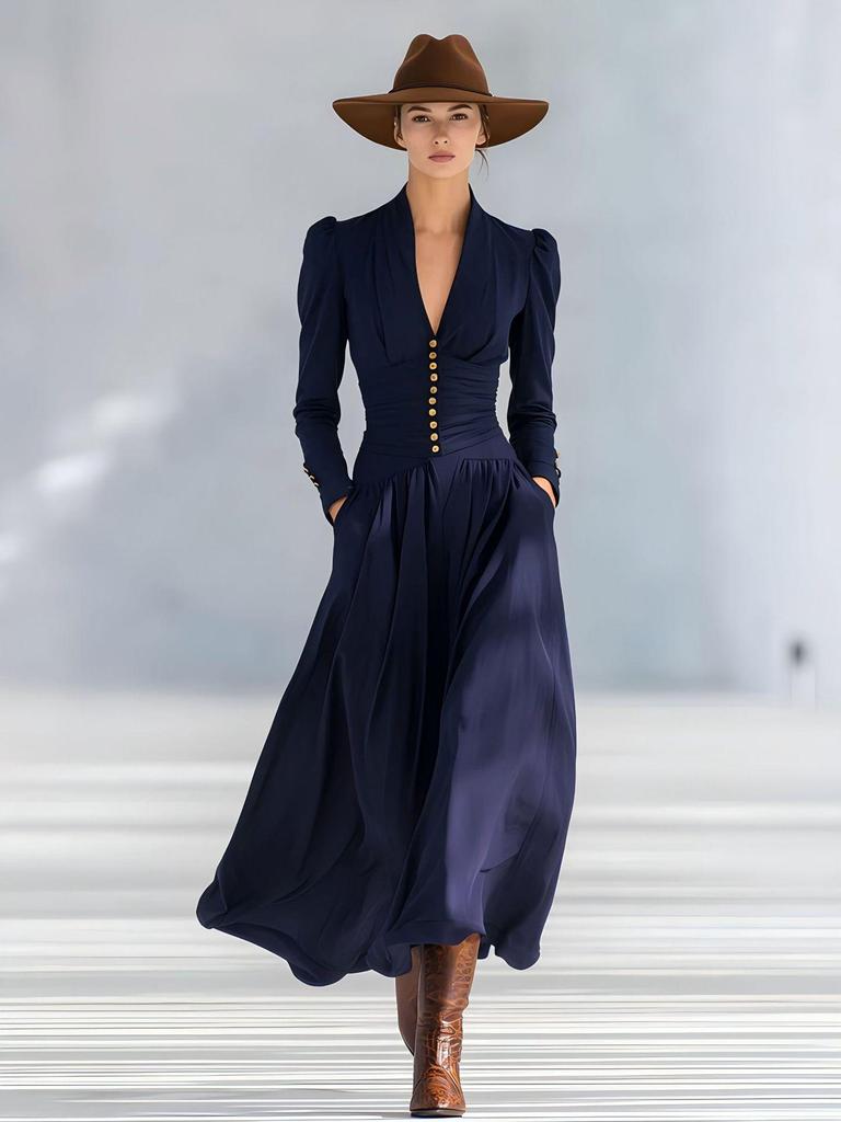 Elegant Waist-Cinching V-Neck Puff Sleeve Long Dress for Women
