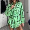 2024 Women's Loose Long-Sleeve Print Pajamas & High-Waisted Shorts Set
