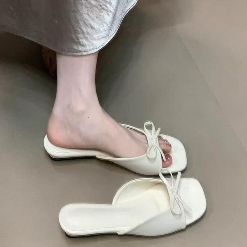 Fashion Bow Open Toe Slippers Summer New Square Head Shallow Mouth Soft Bottom Non-slip Wear-resistant Mid-heel Shoes