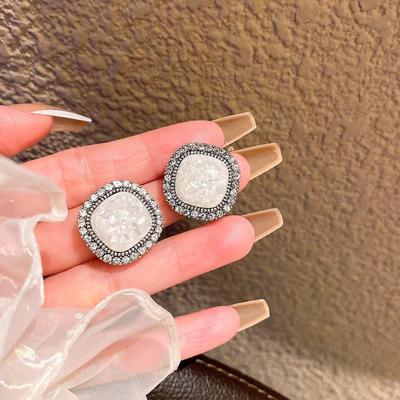 French Elegant Premium Beige Cracked Double Layer Rhinestone Earrings