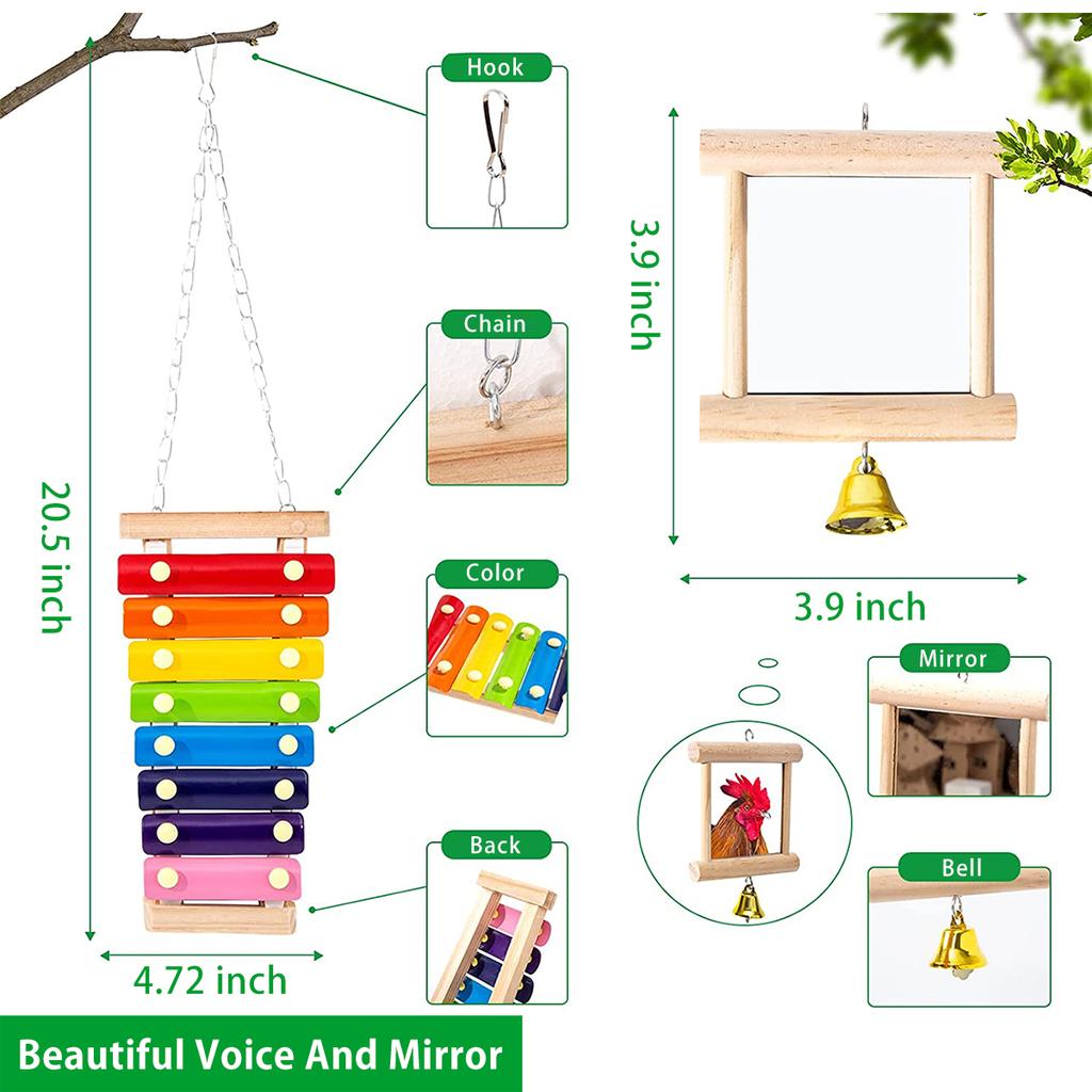 Chewing Foraging Toys Chicken Toys Set Parrot Playing Training Toys with Wooden Swing Fruit Vegetable Hanging Feeder Bell Toys