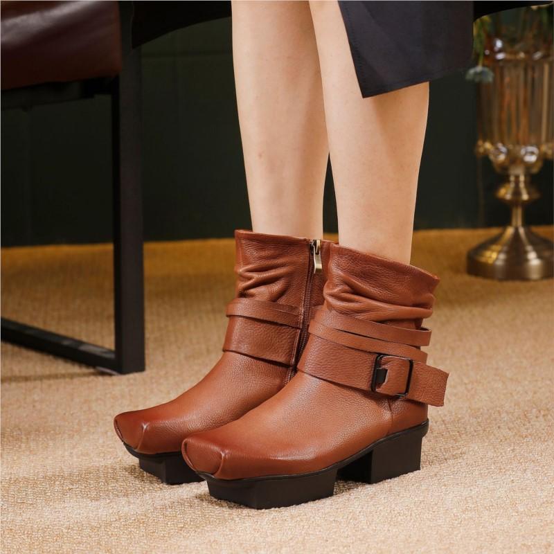 Johnature Cowhide Women's Short Boots Genuine Leather Versatile Mid Heel Square Toe Boots