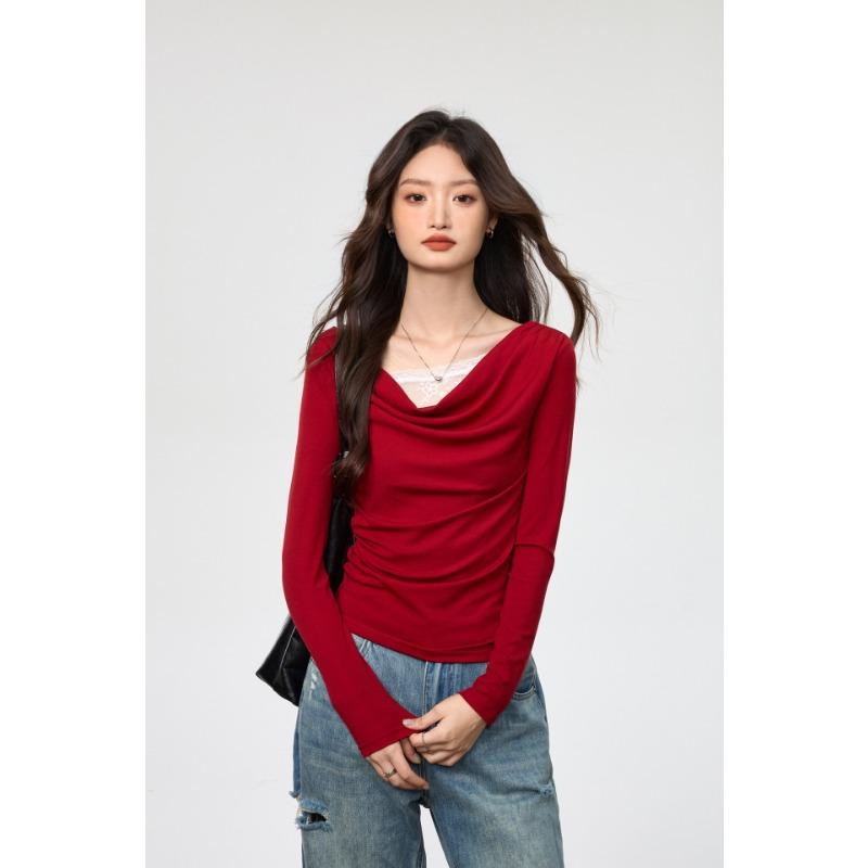 Spliced Lace Fake Two-piece Long-sleeved T-shirt Women's Slim Pleated Early Autumn Top