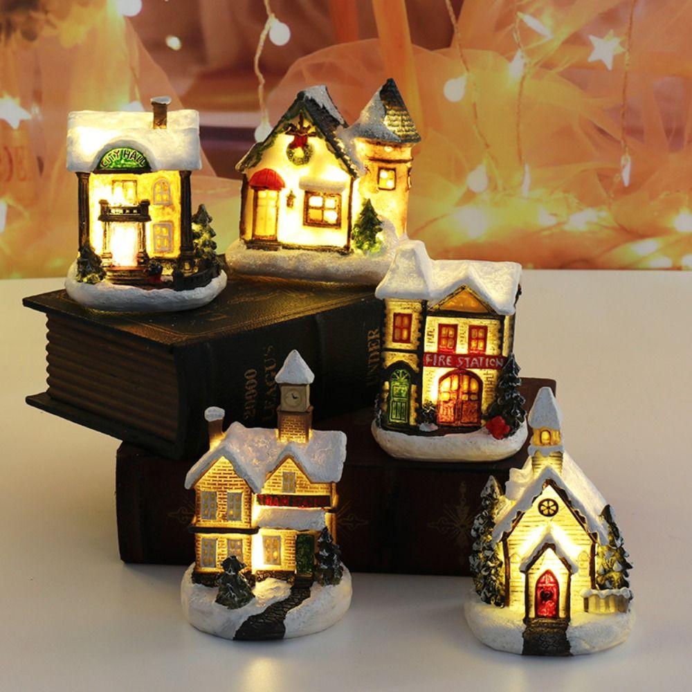 Luminous Christmas Glowing Small House Resin House Ornament LED Light Snow House  Party Favors
