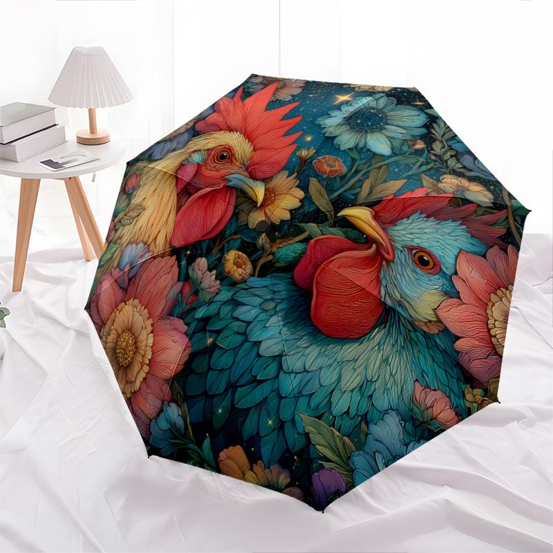 Tiger and Rooster  pattern, automatic folding umbrella, portable and foldable design, 8 ribs, a Christmas or birthday gift.