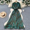 Retro Style Printing Retro Printing Dress Women's Summer Short-sleeved A-shaped Skirt Waist and Thin Elegant Temperament Long Dress