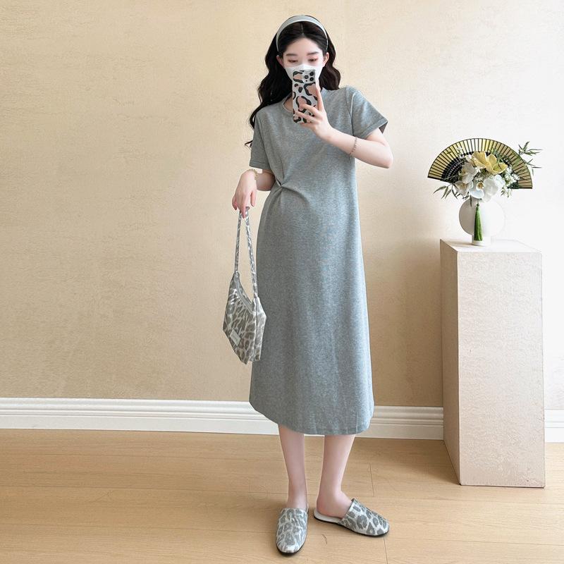Summer 2026 Classic Maternity Knit Dress - Round Neck, Slim Fit, Short Sleeve, Plus Size L
