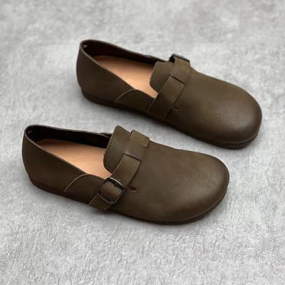 Leather Round Head Flat Cowhide Women's Soft Leather Soft Soled Mother Shoes