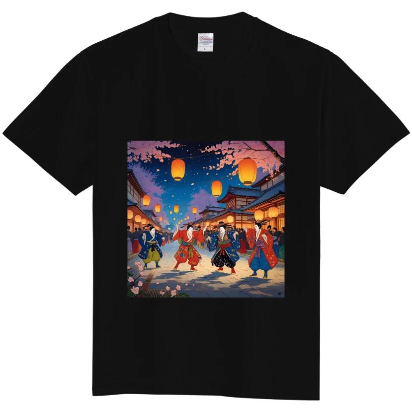 

Ukiyo-e Night Festival Scene T-Shirt – Men Dancing Under Cherry Blossoms L