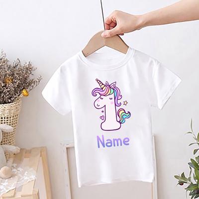 Personalisiertes Einhorn-Druck Kinder Geburtstags-T-Shirt Kinder Individueller Name Kleidung Oberteile Mädchen Shirt Geburtstagsparty Outfits Niedliches T-Shirt