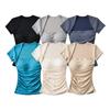 T-shirt da donna a maniche corte con scollo quadrato plissettato, nuova per l'estate, stile American Spice Girl, tinta unita, con tasca porta-coppette sul petto, top base a spalla