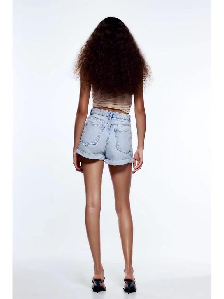High-Waisted French Style Rolled Hem Denim Shorts