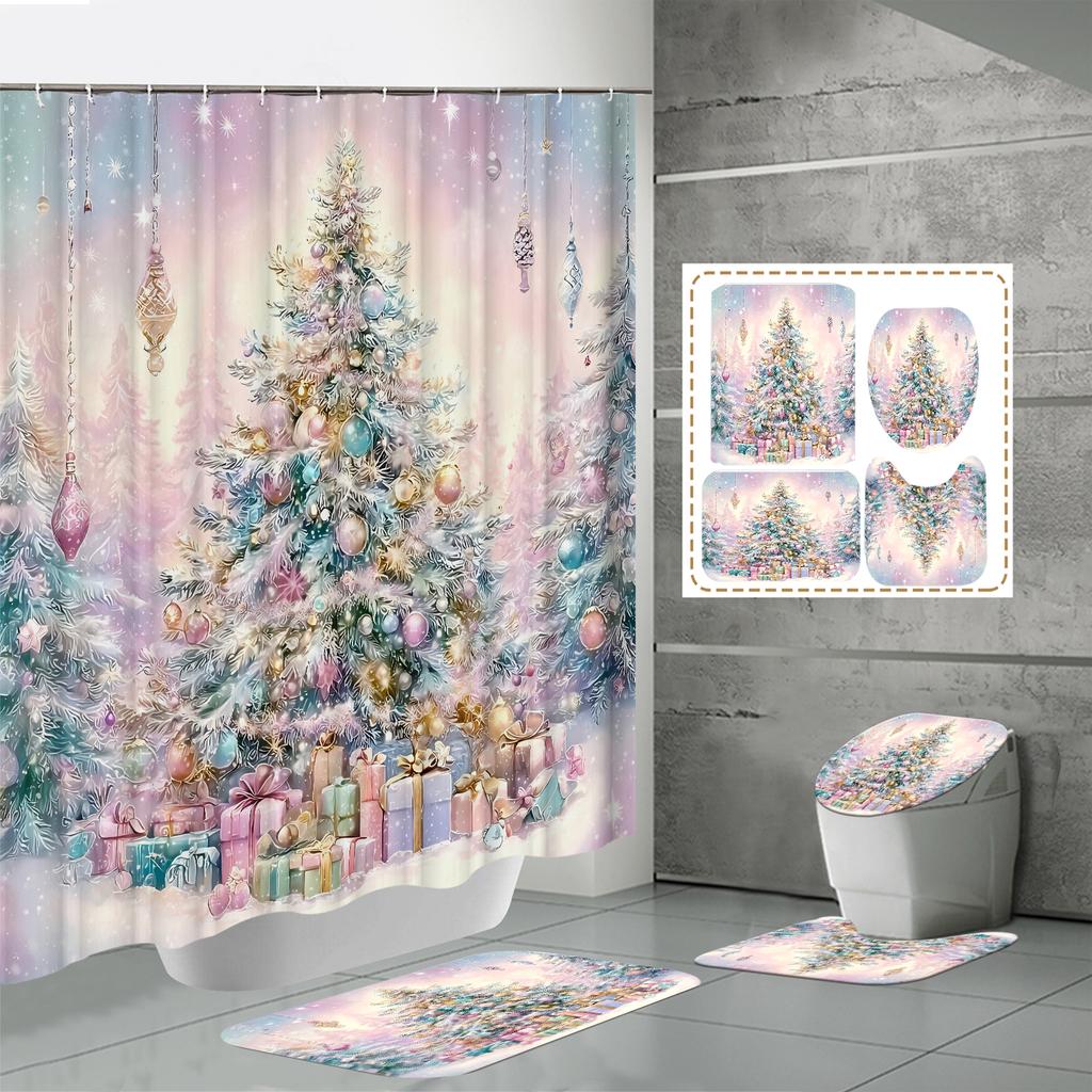 4PCS  Shower Curtain Sets With Shower Curtain And Rugs Toilet Lid Rug U Shape Mat And Bath Mat Bathroom Set  With 12 Hooks