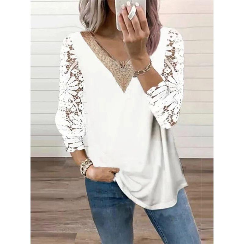 V-neck Patchwork Hollow Lace Sleeve TOPV Collar Patchwork Cut Out Lace Sleeve Tops