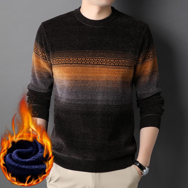 Pulover pentru bărbați cu dungi cu blocare a culorii Pulovere cu fundul cu gât rotund, îngroșare, bărbați de vârstă mijlocie, chenilă, haine calde, iarnă