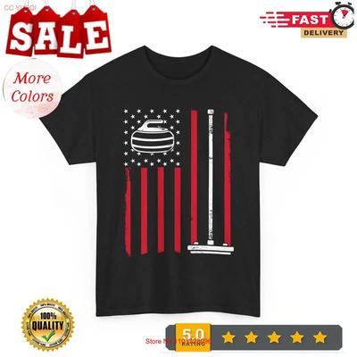 Curling American Flag T Shirt Ice Winter Sport Fans Curler Vintage Washed Top For Everyday Wear Breathable Fashion Unisex