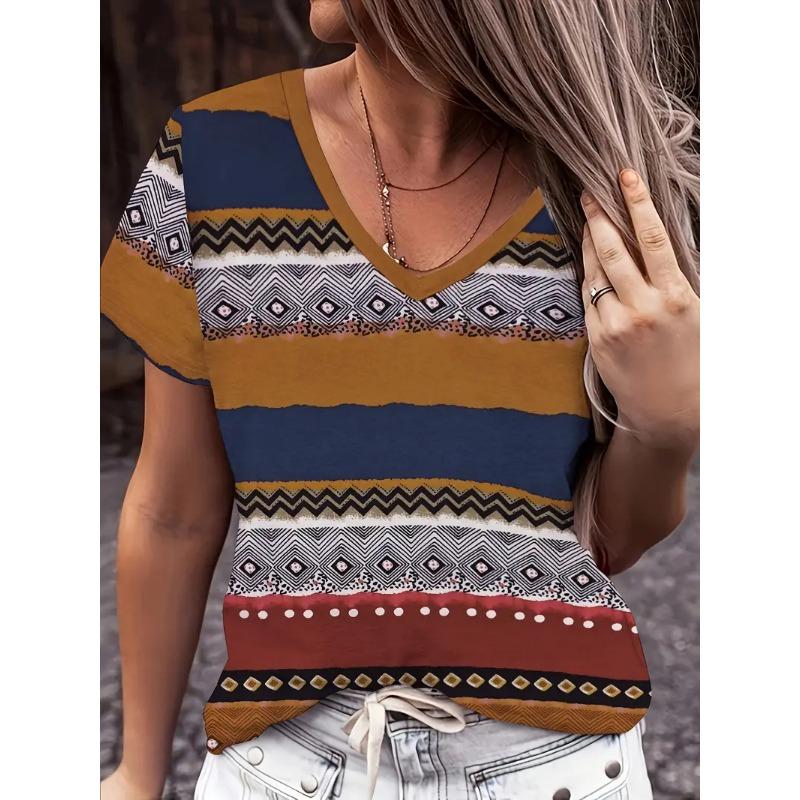 Tricou cu dungi pentru femei, de vară, de exterior, la modă, cu mânecă scurtă, cu gât în V, mărime mare, larg, îmbrăcăminte versatilă pentru femei
