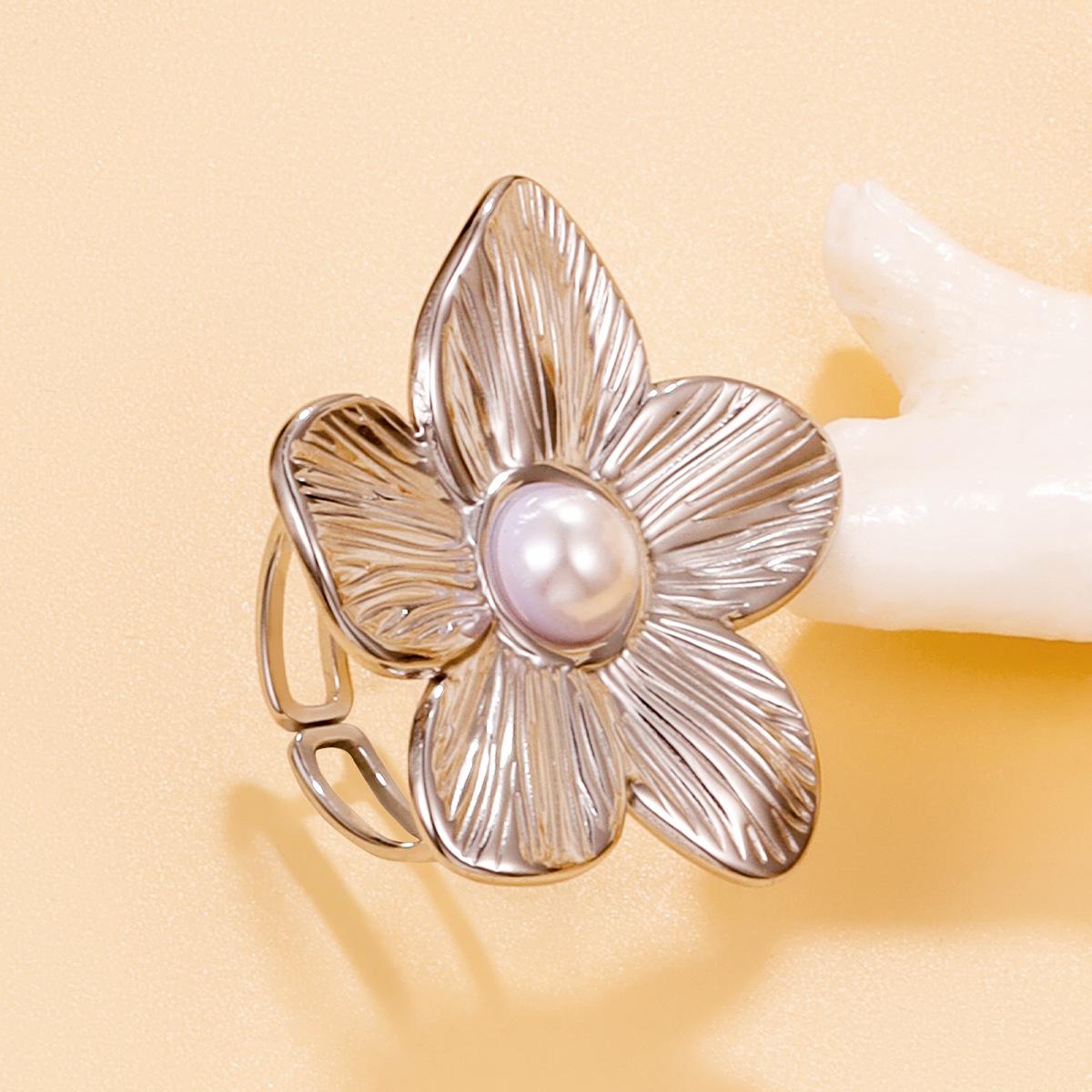 Elegant Floral Ring with Faux Pearl Inlay - Women s Stainless Steel Jewelry