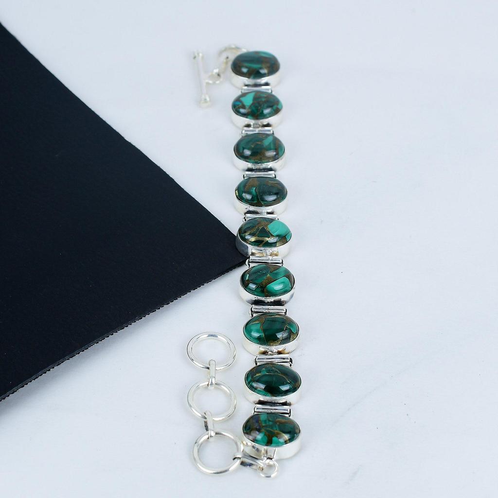 Natural Copper Malachite Gemstone Handmade 925 Sterling Silver Bracelet, Copper Malachite Bracelet For Wife , Unisex Bracelet Easter Gift