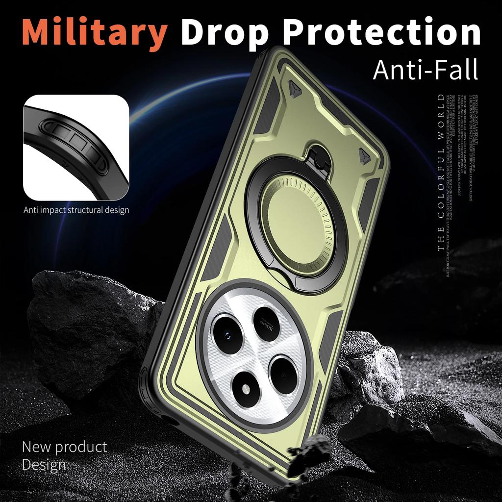 For Xiaomi Redmi 14C Case Military Armor Shockproof 360° Rotating Magnetic Metal Ring Stand TPU Frame Plastic Phone Cover Fundas