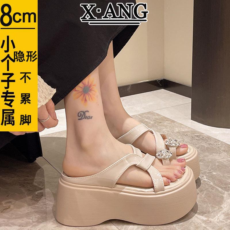 

Beautiful rhinestone set toe slippers women s summer wear thick bottom height increase small man with skirt super high and cool slippers 40