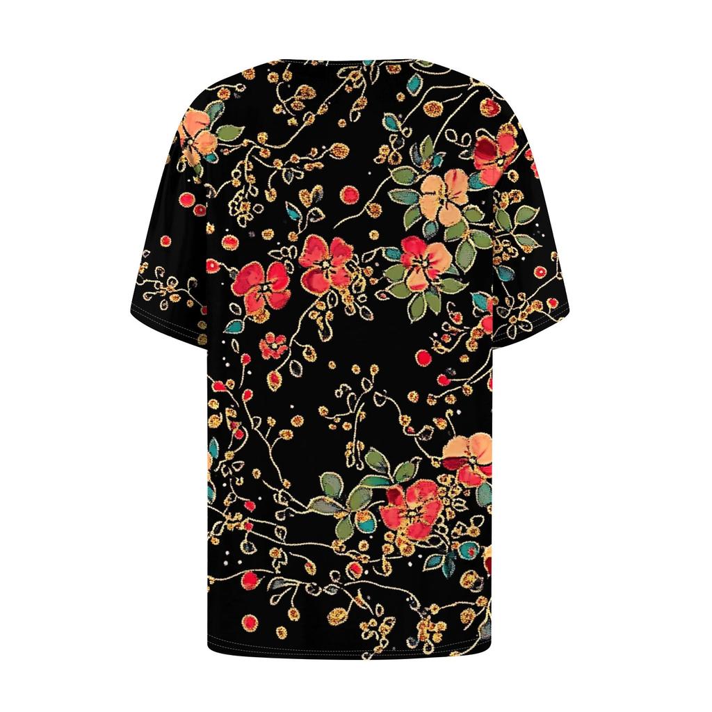 Women's Fashionable Casual Short Sleeve Button Floral Print Round Neck Pullover Top