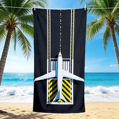 1Pc Airplane Runway Beach Towel, Quick Dry, Multi-Use for Beach Pool Gym Yoga Home Travel, Christmas, Halloween, Xmas Gift M92845