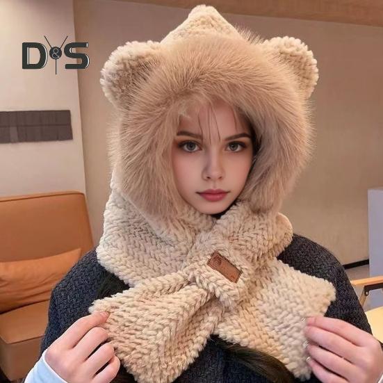 Women Winter Integrated Hat And Scarf Thick Fleece Warm Cartoon Fox Ear Decor Windproof Full Protection Outdoor Travel Cold Weather Snowboarding
