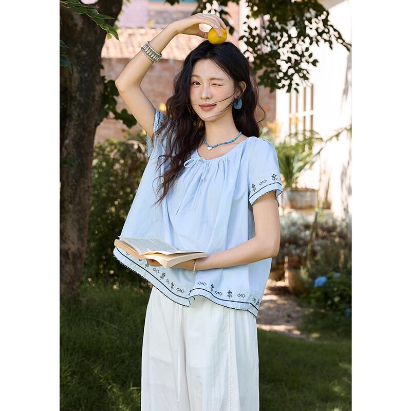 Mishow Embroidered Drawstring Puff Sleeve Blouse