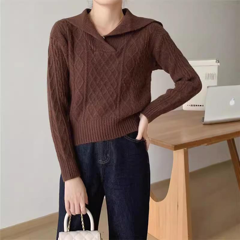 Loose Pullover Retro Sweater Hong Kong Style Women's Autumn and Winter New V-shaped Navy Collar Sweater Women's High-end Sense Versatile