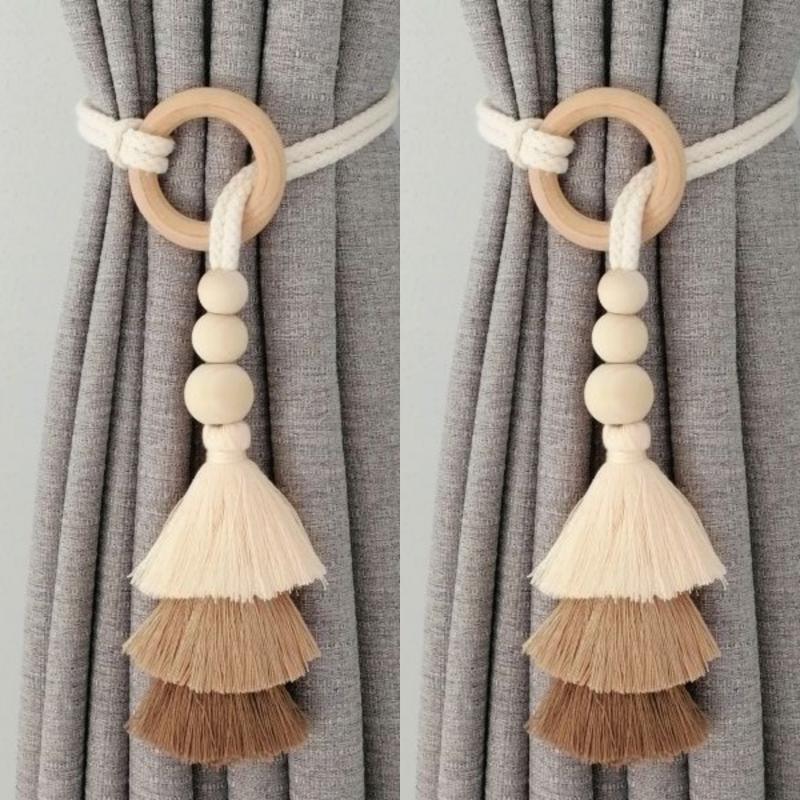 Neue 1/2 Stück Quasten-Vorhang-Haltebänder, Vorhang-Haltebänder mit Holzkugeln, Böhmische Vorhangklammer, Vorhang-Haltebänder Heimdekoration