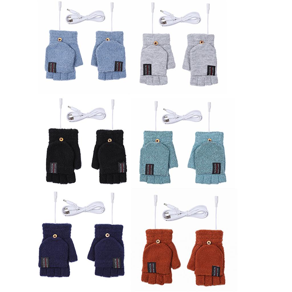 USB Electric Heated Convertible Gloves Winter Half Finger Mittens Stretchy Half Finger Gloves with Top Cover for Men