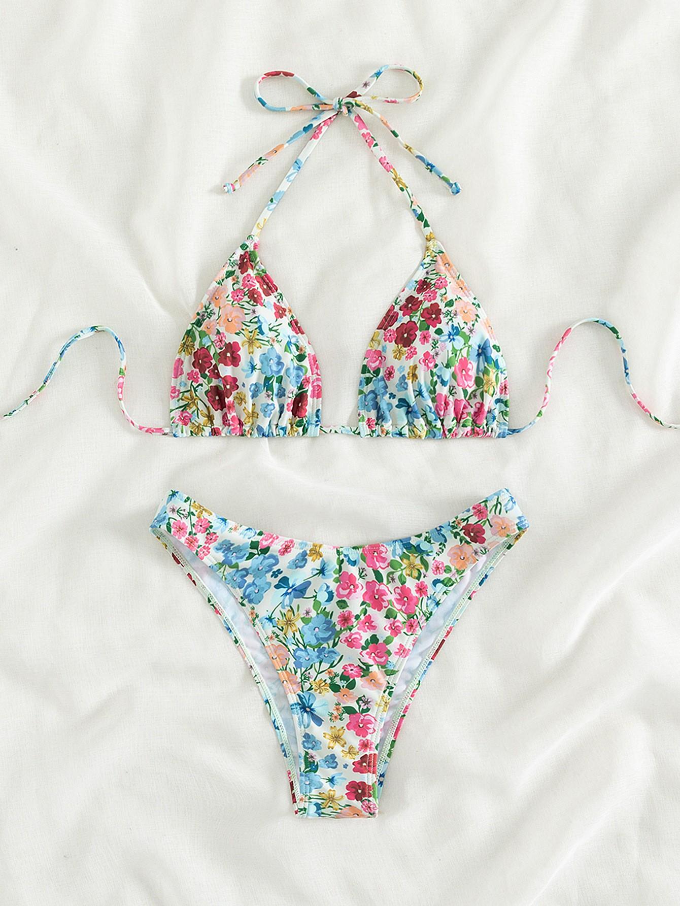 

Комплект бикини бандо с цветочным принтом, купальник с открытыми плечами пуш-ап, женский купальник с топом-трубой, бикини с узлом, купальник 2025, сексуальный летний купальник M синий