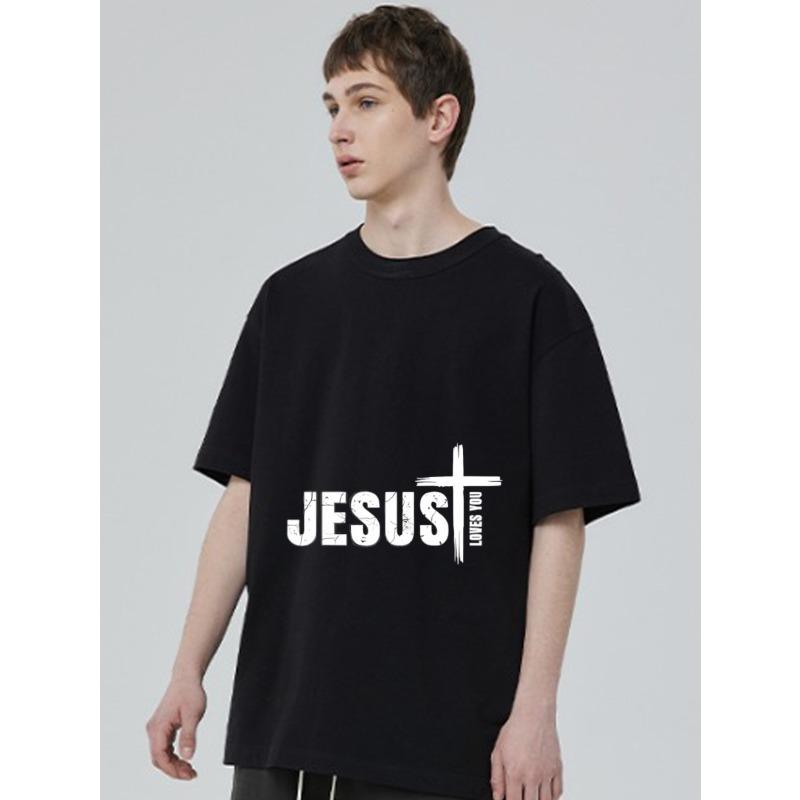 T-shirt Nera con Stampa Croce "Gesù Ti Ama" da Uomo Abbigliamento Casual Dichiarazione di Fede Cristiana Top Outfit Estivo