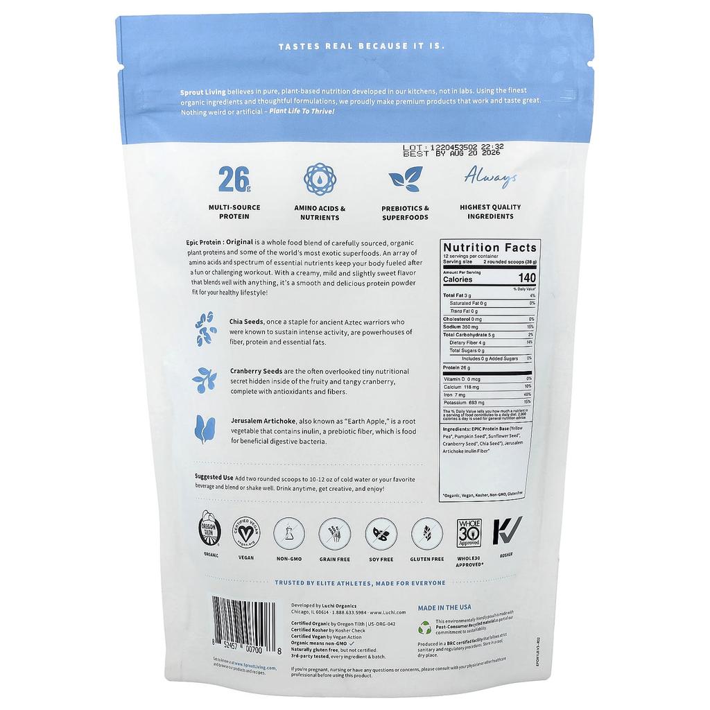 Epic Protein, Organic Plant Protein + Superfoods, Original, 455G (1Lb)