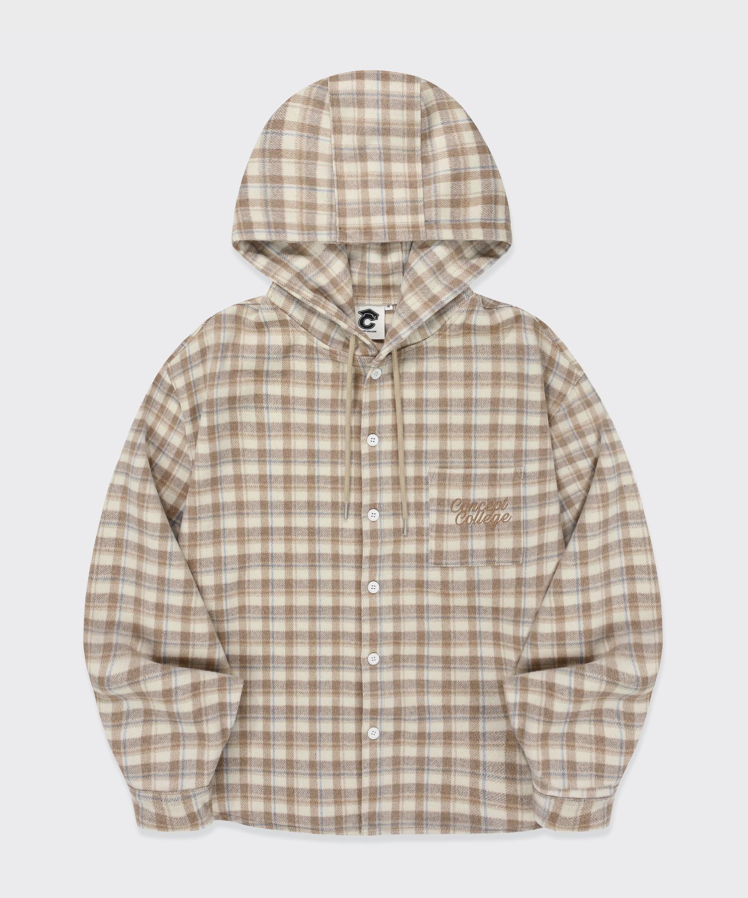 Concept College Basic Logo Flannel Check Hoodie_Beige [Unisex] Beige/M