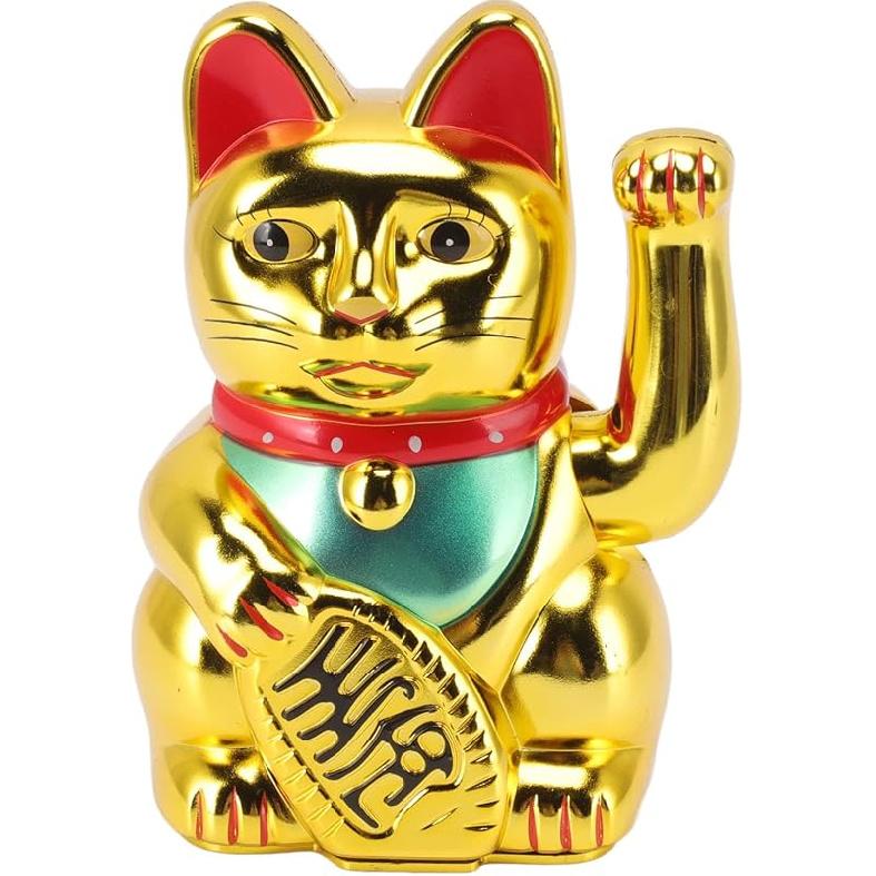 Lucky Fortune Cat, Japanese Waving Arm Feng Shui Figurine, Battery Operated Gold Wealth Health Welcoming Ornament for Home Restaurant Hotel (5in 6in Golden Cat
