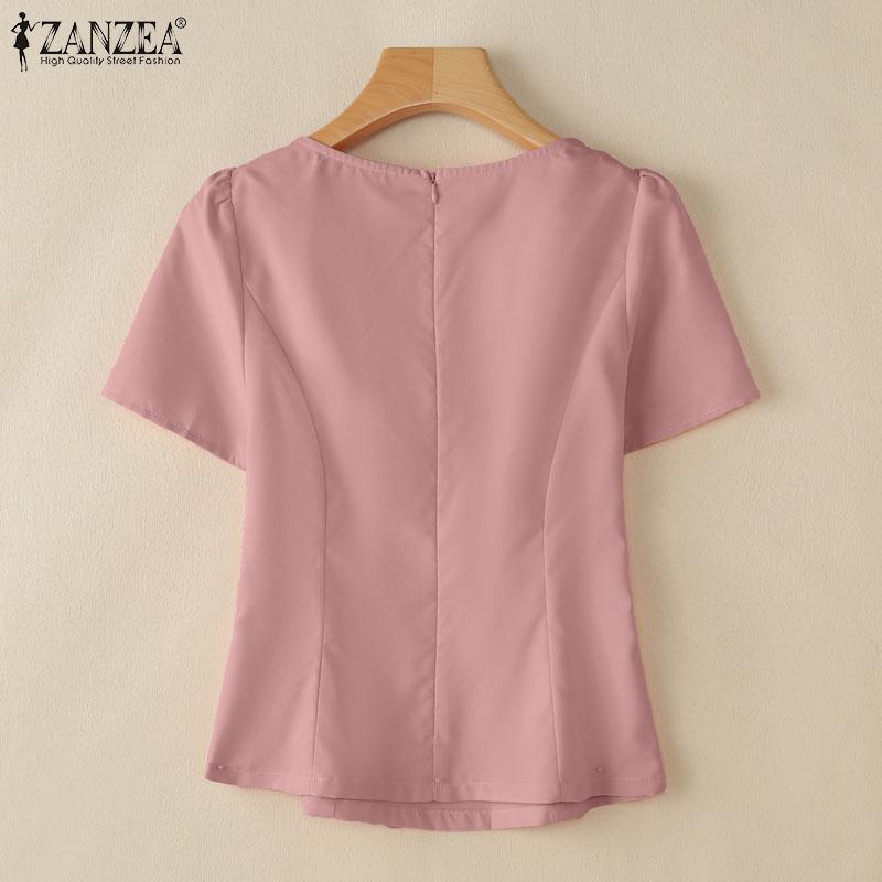 ZANZEA Women Summer Round Neck Casual Short Sleeve Plain Blouse