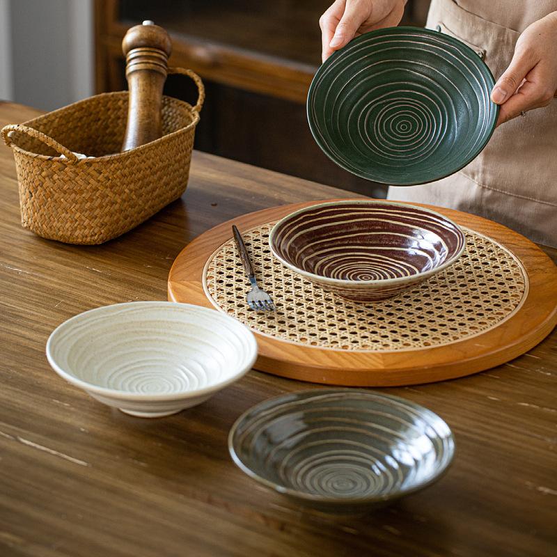 Japanese Retro Ceramic Bowl Rustic Home Dining Plate Ramen Noodle Deep Dish