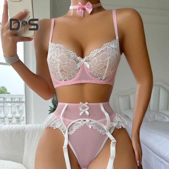 4 ks/sada Dámské spodní prádlo Set obsahuje punčochy a mašličkový límec Push-up podprsenka Nastavitelný popruh Vysoký pas Podvazkový krajkový set kalhotek Sada výšivek pro hotely